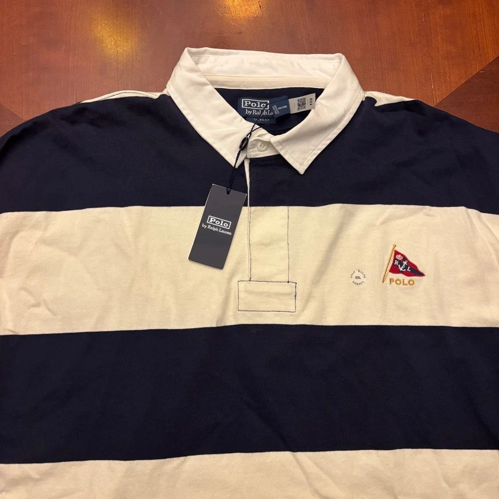 Polo Ralph Lauren M XXL NWT Oversized Fit Stripe Jersey Rugby Shirt Navy/White